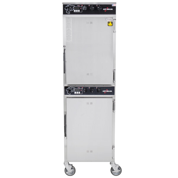 A large grey Alto-Shaam oven with black knobs and dials.