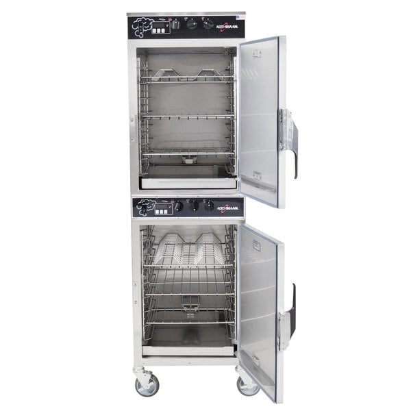 A white Alto-Shaam Low-Temperature Smoker Oven with two open doors.