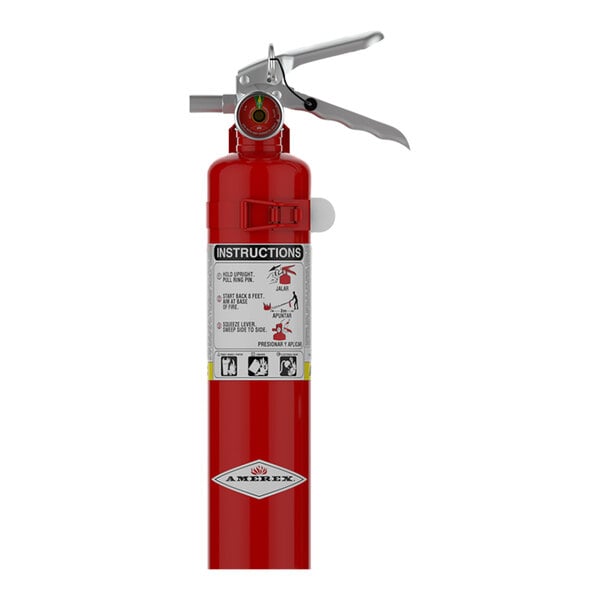 A red Amerex fire extinguisher with a white label.