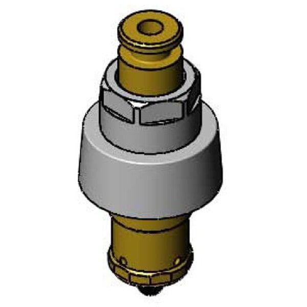 A close-up of a gold and metal T&S faucet metering cartridge.