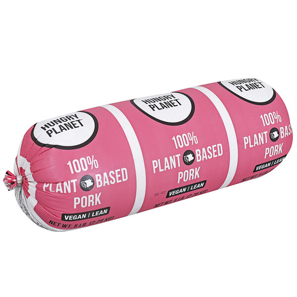 A pink chub package of Hungry Planet Plant-Based Vegan Ground Pork with white text.