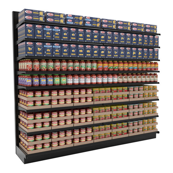 A black Lozier single-sided wall pegboard gondola shelf with cans and jars of food.