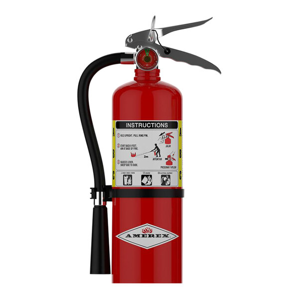 An Amerex fire extinguisher with wall bracket on a white background.
