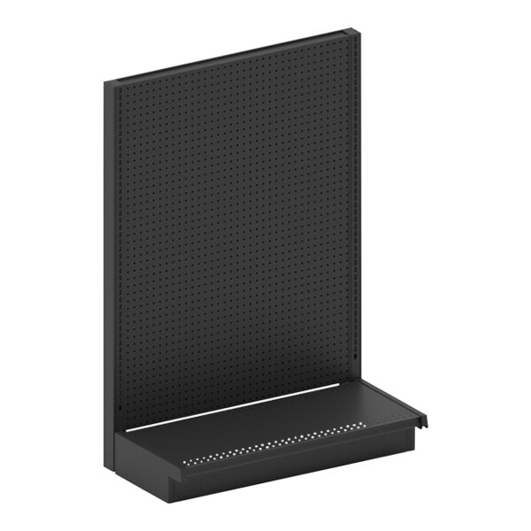 A black Lozier steel single-sided pegboard gondola with a shelf on top.