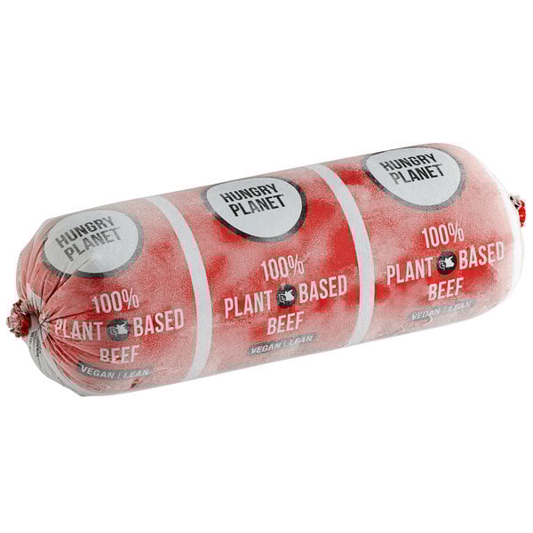 A large red and white package of Hungry Planet plant-based beef.