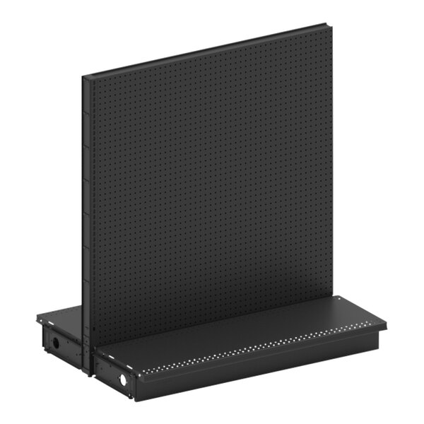 A black Lozier steel double-sided gondola add-on with pegboard shelves.
