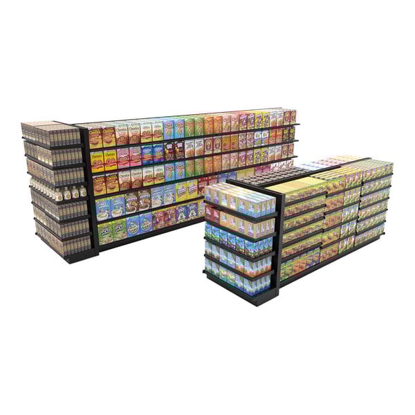 A Lozier black steel single-sided wall pegboard end cap gondola shelf with boxes of cereal on it.