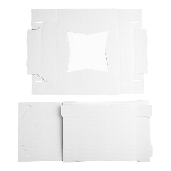 A white rectangular cake box with a cut out window.