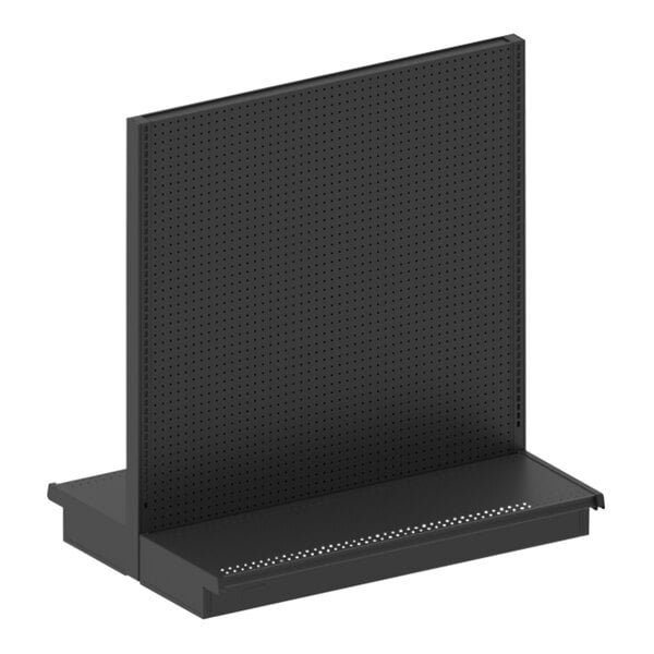 A black metal Lozier gondola shelf with holes.