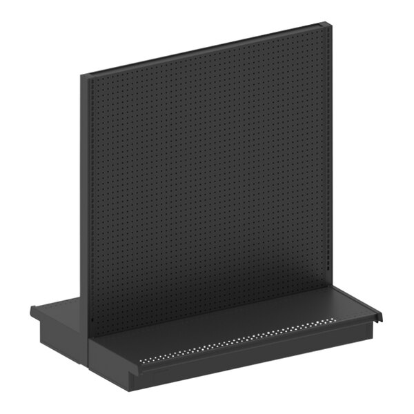 A black metal Lozier gondola shelf with pegboard.