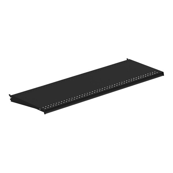 A black rectangular Lozier steel shelf with holes.