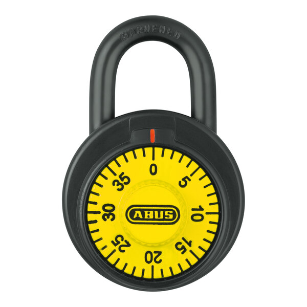 An ABUS combination padlock with a black and yellow dial.