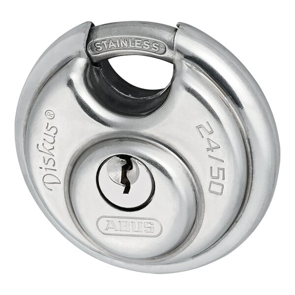 An ABUS stainless steel padlock with a key.