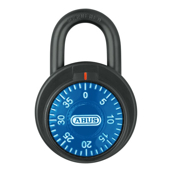 An ABUS combination padlock with a blue dial and black lock body.