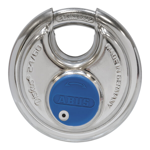 A close up of a stainless steel ABUS padlock.