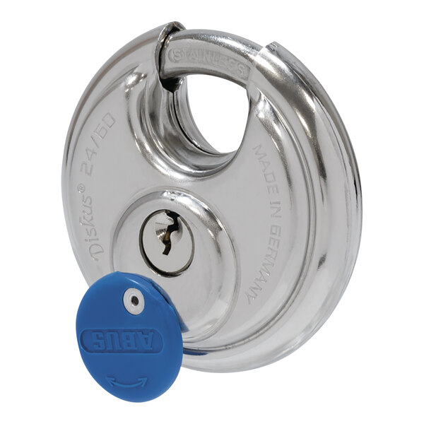 A close-up of a stainless steel ABUS padlock with a blue key.