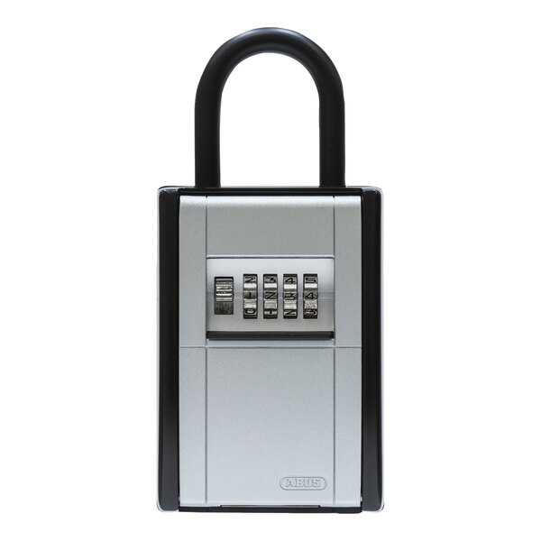 An ABUS silver and black combination lock box with a shackle.