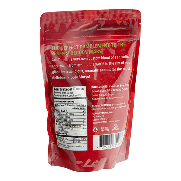 A red bag of Demitri's Original Rim Shot Rimming Salt with black and white text.