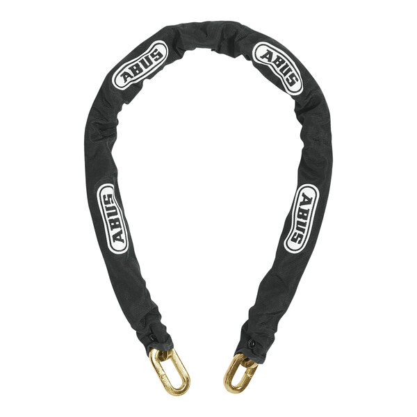 A black ABUS steel security chain with gold plated hardware and a white sleeve.