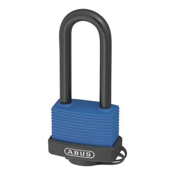 An ABUS brass padlock with a blue weather-resistant cover.