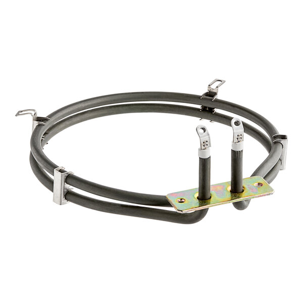 A circular metal Avantco heating element with black and silver wires.
