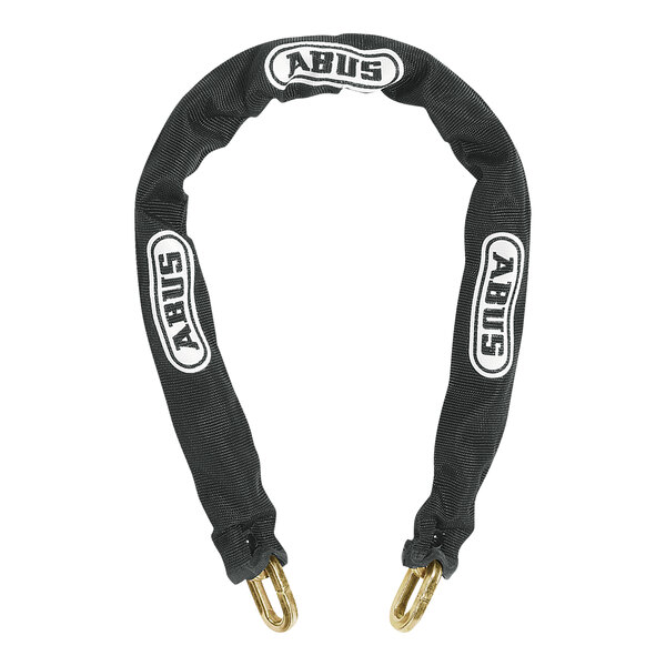 A black ABUS steel security chain with white text on it.