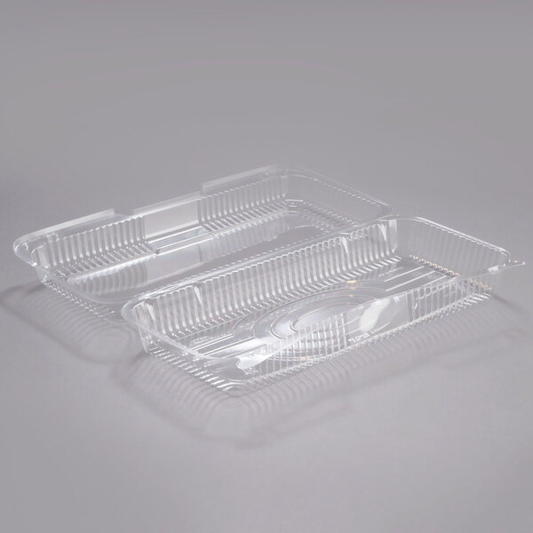 Two clear Dart PET plastic hinged strudel containers.