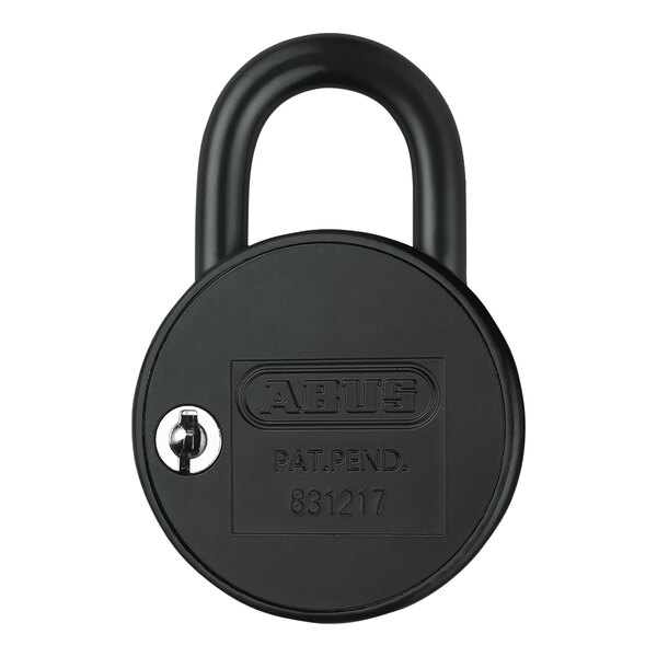 A black ABUS combination padlock with a yellow dial and master key.