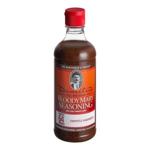 A bottle of Demitri's Chipotle-Habanero Bloody Mary seasoning on a counter.