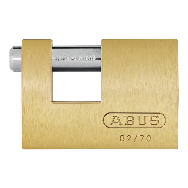 An ABUS brass padlock with the word "ABUS" on it.