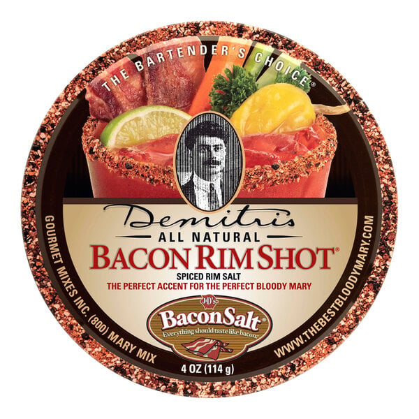 A jar of Demitri's Bacon Rim Shot with a label on a counter.