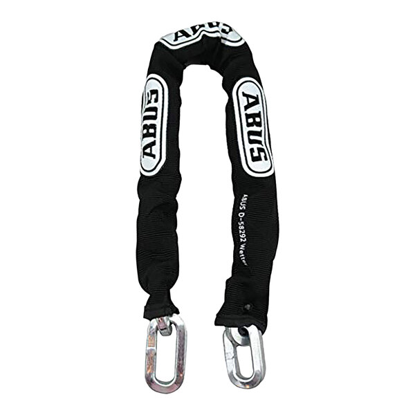 A black steel chain with white text on the sleeve.