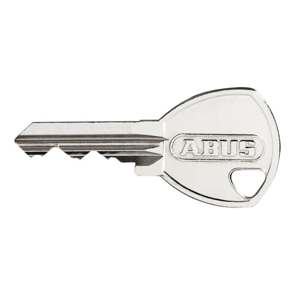 A silver key with a yellow and black ABUS logo on it.