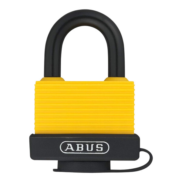 A yellow padlock with black accents and the word Abus in black.