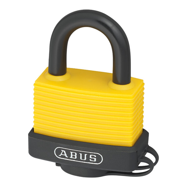 A yellow ABUS padlock with black accents.