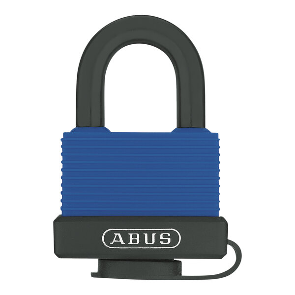 A close up of an ABUS brass padlock with a blue cover.