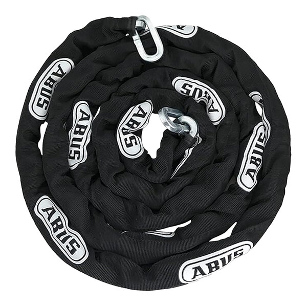 A black steel chain with white sleeve and white text that reads "ABUS"