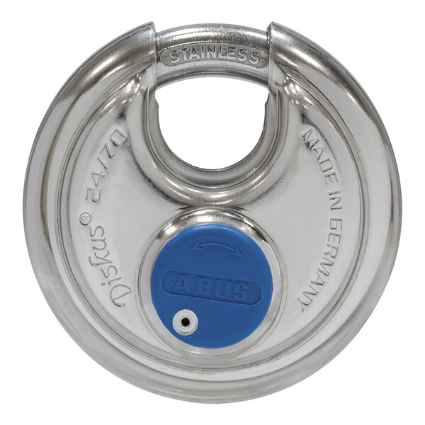 An ABUS stainless steel padlock with a blue button.
