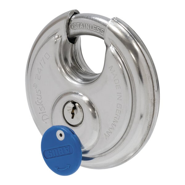 A close-up of an ABUS stainless steel padlock with a blue key.