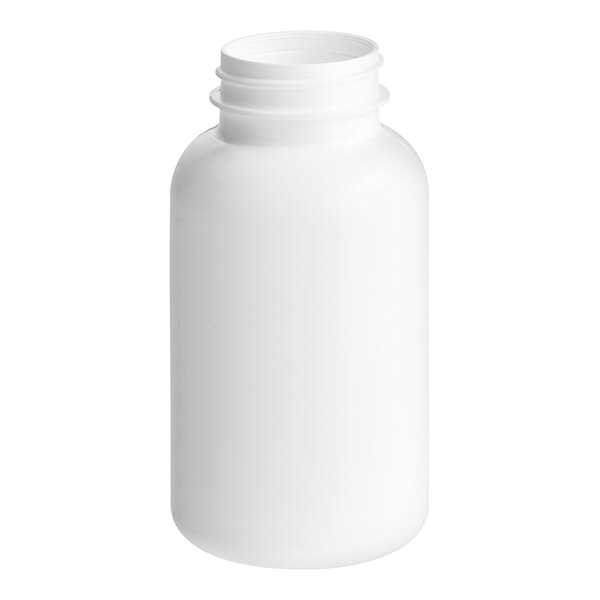 A white plastic 200cc HDPE packer bottle with a white cap.