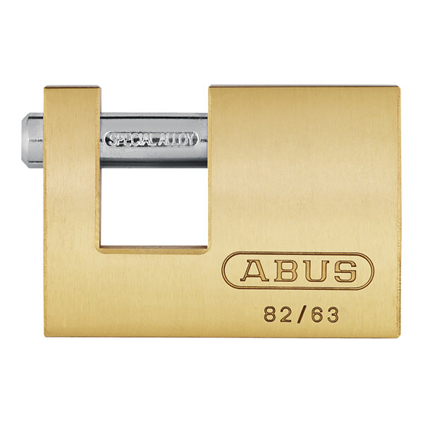 An ABUS brass padlock with the words "ABUS" on it.
