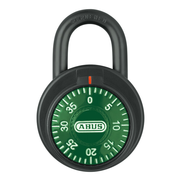 An ABUS combination padlock with black and green dials.