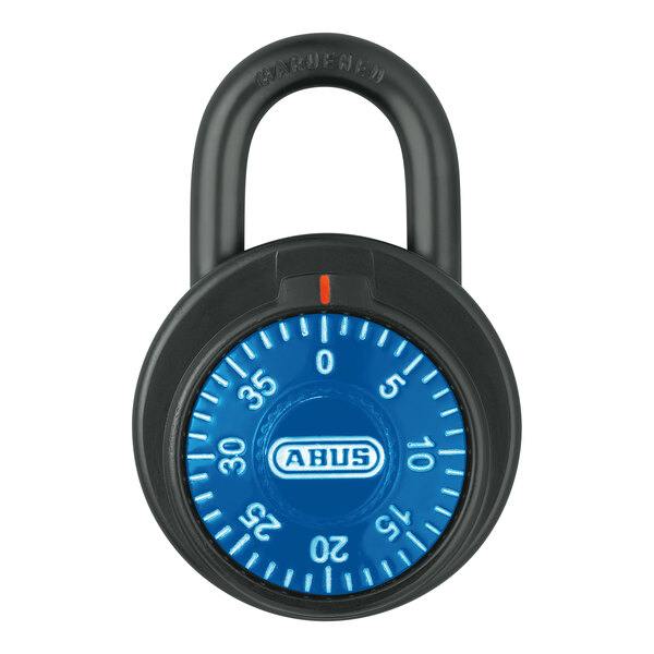 An ABUS combination padlock with a black and blue dial.