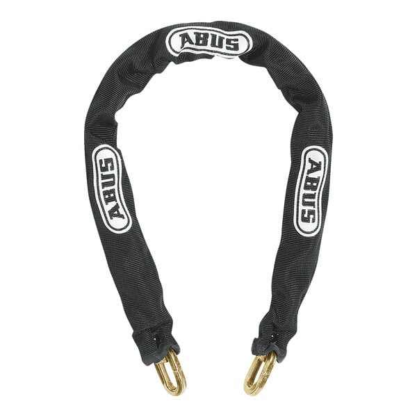A black ABUS steel security chain with brass rings and white text on the sleeve.