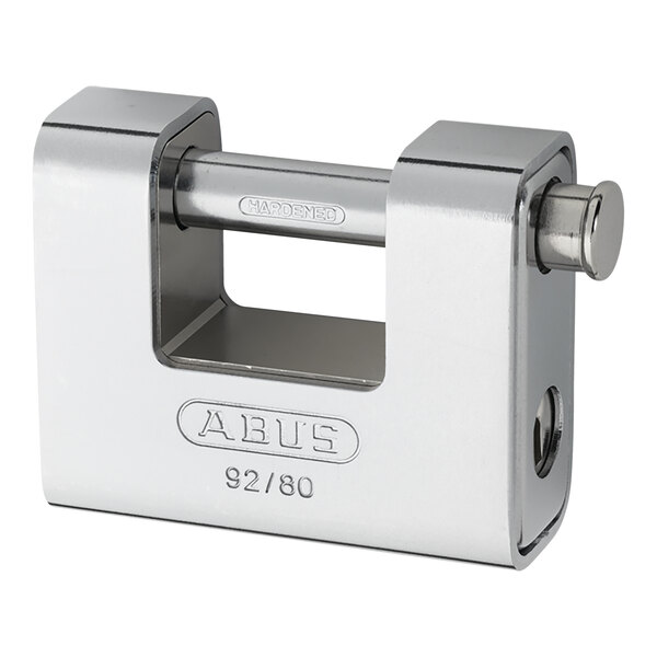 A silver ABUS padlock with a steel jacket and round keyhole.