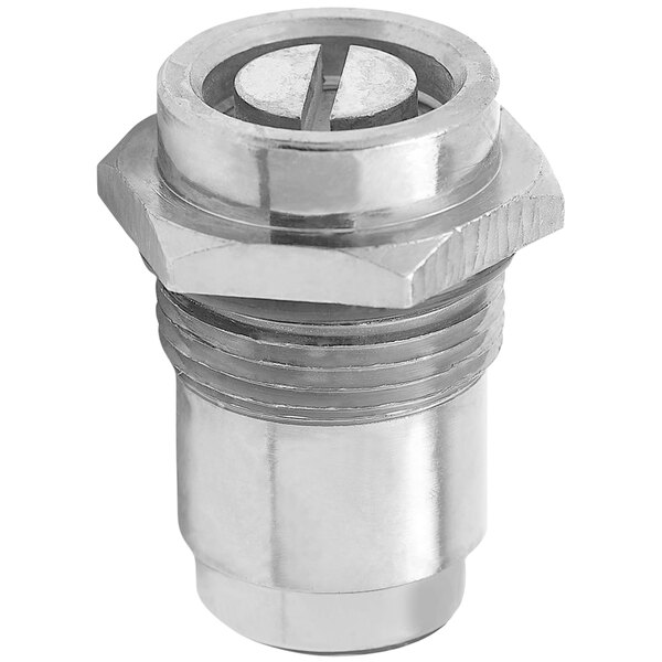 A T&S stainless steel built-in stop assembly with a round metal threaded connector.