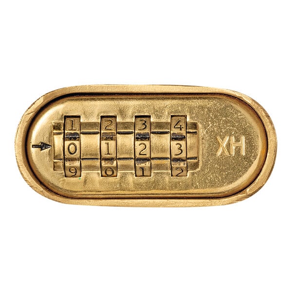 A close-up of a gold ABUS combination lock with numbers.