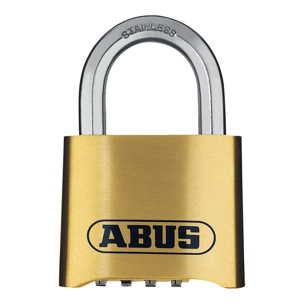 An ABUS brass combination padlock with a stainless steel shackle.
