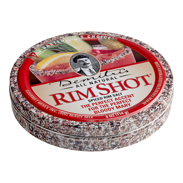 A round container of Demitri's Original Rim Shot with a red and white label.