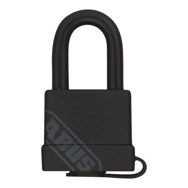 A black ABUS padlock with a brass key and black weather-resistant cover.